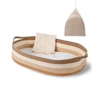 Baby Changing Basket - Moses Basket Changing Table Topper and Thick Foam Pad with Removable Cotton Mattress Cover, 100% Cotton Boho Nursery Decor with Storage Bag