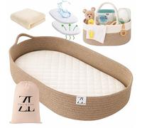 Baby Changing Basket - Moses Basket Changing Table Topper and Thick Foam Pad with Removable Cotton Mattress Cover, 100% Cotton Boho Nursery Decor with Storage Bag (Cotton Rope)