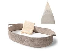 Baby Changing Basket - Moses Basket Changing Table Topper and Thick Foam Pad with Removable Cotton Mattress Cover, 100% Cotton Boho Nursery Decor in Coffee Color with Storage Bag