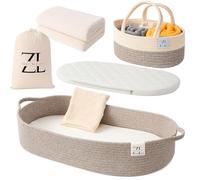 Baby Changing Basket - Moses Basket Changing Table Topper and Thick Foam Pad with Removable Cotton Mattress Cover, 100% Cotton Boho Nursery Decor with Storage Bag (Cotton Rope)