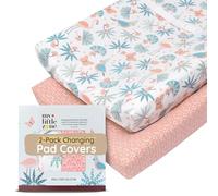 Baby Changing Pad Covers Table Sheet 32"x16", 8"Deep Pocket - Diaper Changing Pad Cover, 100% Cotton Jungle Leaves & Flamingo Sheets 2 Pack, Flamingo Baby Sheets, Designed in France, White-Coral Pink
