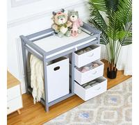Baby Changing Table with 4 Fabric Storage Bins, Solid Wood Multi-Layer Design, 4-Sided Wooden Safety Rails, Grey Nursery Organiser