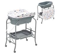Baby Changing Table with Bathtub, 4 in 1 Foldable Infant Diaper Dresser Station with Lockable Wheels PVC Pad Storage Tray, Portable Nursery Organizer Bath Stand for Newborn (Grey)
