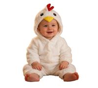 Baby Chicken Costume Hooded Romper with Comb and Beak Details | soft plush fabric, attached hood with red comb and yellow beak, full-body zip closure, long sleeves with enclosed feet