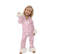 Baby Christmas Pajamas Girls Satin Pajamas Set Feather Fur Trim Long Sleeve Solid Silk Pjs 2PC Kids Toddler Sleepwear Pajamas for Girls Children Kids (Pink, 14 Years)