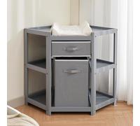 Baby Corner Changing Table with Storage Drawer, Diaper Changing Station with Baby Changing Pad, Laundry Hamper, Modern Wood Diaper Changing Table Organizer for Infants and Toddlers