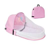 Baby Cot, Baby Travel Cot with Mosquito Net and Awning, Portable Baby Cot Changing Bag Foldable Baby Cot with Mosquito Net Cuddly Nest Baby Cot (Pink)