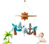 Baby Cot Mobile, Nautical Tropical Theme, Felt Wooden Hanging Cot Mobile with Palm Tree Anchor Sun Sailboat, Newborn Boy and Girl Cloud and Animal Bed Bell Pendant (Blue)