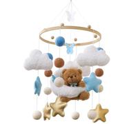 Baby Cot Mobile Teddy Bear & Moon - Handcrafted Plush Teddy Bear on Crescent Moon Nursery Hanging Mobile with Gold Stars Clouds Butterflies Baby Boy Girl Room Decor Baby Shower Gift Blue