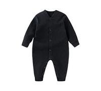 Baby Cotton Sleepsuit Newborn Girls Boys Fall Winter Jumpsuit Plain Long Sleeve Button Down Bodysuit Warm V Neck Footless Outfit Solid Color Loose Comfy Romper (Black, 12-18 Months)