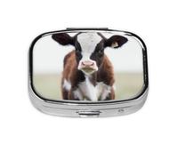 Baby Cow Print Pill Box Square Pill Case 2 Compartment Small Metal Medicine Organizer Portable Travel Pillbox for Pocket Purse Cute Mini Pill Container to Hold Daily Vitamins
