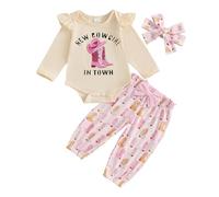 Baby Cowgirl Outfits Retro Ruffle Long Sleeve Bodysuit Cowgirl Boots/Pony Pants Headband Cute 3Pcs Country Western Fall Clothes First Rodeo Birthday Welcome Home (Apricot, 12-18 Months)