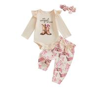 Baby Cowgirl Outfits Retro Ruffle Long Sleeve Bodysuit Cowgirl Boots/Pony Pants Headband Cute 3Pcs Country Western Fall Clothes First Rodeo Birthday Welcome Home (Beige, 6-9 Months)