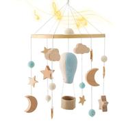 Baby Crib Mobile for Boys Girls, Wooden Crib Toys Hanging with Bell Rotatable Hot Air Balloon Stars Moon Space Mobile Soothing Baby Nursery Decor, Toys Hanging