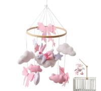 Baby Crib Mobile, Hand-Crocheted Rabbit Crib Hanging Toy, Felt Bows Clouds Stars Nursery for Boys and Girls, Baby Nursery Hanging Decor