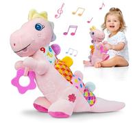 Baby Dino Plush Soft Stuffed Animal Toy for 0-3-6-12+ Months,Infant Musical Toy with Rattle,Squeaker,Sensory Crinkle,Teether & Textures,Tummy Time Toys Christmas Baby Gift for Newborn Girl(Pink)