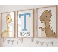 Baby Dinosaurs Set of 3 Unframed Poster Prints, Personalised Name for Boy Girl Nursery Bedroom, Neutral Watercolour Design, Wall Art Decor, Tyrannosaurus Brachiosaurus Triceratops Neutral Tones (A5)