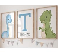 Baby Dinosaurs Set of 3 Unframed Poster Prints, Personalised Name for Boy Girl Nursery Bedroom, Watercolour Design, Wall Art Decor, Tyrannosaurus Brachiosaurus Triceratops Blue Green Brown (A4)