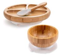 Baby Divided Bamboo Plates, Bowls with Suction and Matching Spoon Set - 3 Piece Feeding Supplies Set for Infant, Toddlers - Detachable Silicone Suction Stay Put Base for Wooden Bowl, Plate - BPA Free