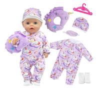 Baby Doll Clothes 16-18 Inch Dolls 43cm, Purple Pony Bodysuit Outfit with Hat, Hanger, Pillow, Eye Mask & Socks, Cute Cartoon Doll Dress Up Clothes, Soft Fabric Doll Accessories Gift for Girls
