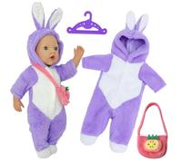 Baby Doll Clothes Compatible with Annabell Baby 12-14 Inch Doll, Purple Rabbit Doll Clothes for 30-35cm Doll, Sweet Doll Accessories with Onesie Clothes Hanger Bag Birthday Gift for Girls and Boys