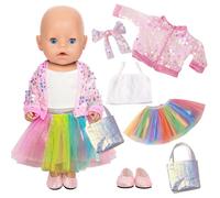 Baby Doll Clothes for 12-18 Inch Dolls, 6 Pcs Glitter Doll Outfits with Overwear Skirts Vests Shoes Bags Hairbands for 30-35 cm Sweet Doll Clothes, New Doll Clothing Girls Birthday Gift