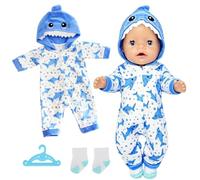 Baby Doll Clothes for 14-17 Inch Baby Dolls, 3 Pcs Cute Blue Doll Clothes | Baby Doll Accessories for 35-43 cm Newborn Baby Dolls Shark Onesie with Blue Hanger Socks Boys Girls Birthday Gifts