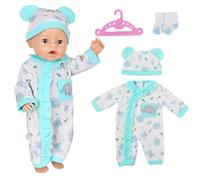 Baby Doll Clothes for 14-18 Inch Baby Doll, Cute Baby New Doll Clothes Outfits 30-43cm Accessories with 1 Blue Elephant Onesie 1 Hat 1 Hanger 1 Socks New Born Baby Dolls for Girls Birthday Gifts