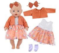 Baby Doll Clothes for 14-18 inch Baby Dolls, 4 Pcs Sweet Orange Doll Outfits with Orange Coat Tulle Skirt Hairband Socks for 43 cm Dolls, 35-43cm Cute Doll Clothes for Girls/Boys( No Doll)