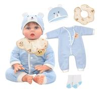 Baby Doll Clothes for 18-22 Inch Reborn Doll, Cute Blue Bear Doll Outfits with Romper Suit Bib Hat Socks for 50-55cm Dolls Girls Birthday Gift