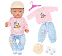 Baby Doll Clothes for 35-43 cm Dolls, 5 Pcs Pink Pilot Rabbit Long Sleeved Shirts Long Pants Doll Clothes Hats Hangers Socks Cute Doll Accessories for 14-18 Inch Baby Dolls, Girls' Birthday Gift