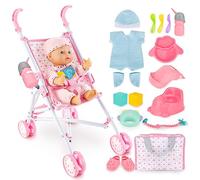 Baby Doll Stroller Set with 13 inch Doll & 18Pcs Pcs, Pink Heart Print Foldable Doll Pram with Smooth Wheels, Pretend Play Toy for Girls Aged 3-8, Role Play Gift with Feeding Supplies (Include Doll)