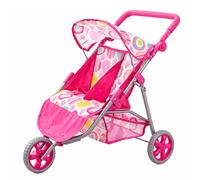 BiBi Doll 3 Wheeler Twin Dolls Pushchair - Double Seat Pink Pram with Adjustable Handle, Sun Canopy, Foldable Frame - Great for Sibling & Twin Dolls, Role Play Toys for Girls & Boys, Aged 3+