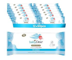 Baby Dove Sensitive Skin Care Baby Wipes, Rich Moisture - Soft Cleansing, Moisturising & Gentle Wet Tissue for Newborns & Infants, Perfect for Nursery & Travel Essentials, Resealable - Pack of 12