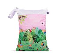 Baby Dry Wet Bag for Nappy, Treer Reusable Waterproof Art Landscape Print Hanging Double Zipper Nappy Bags for Diaper Storage, Travel/Beach/Pool/Daycare (White)