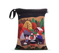 Baby Dry Wet Bag for Nappy, Treer Reusable Waterproof Art Landscape Print Hanging Double Zipper Nappy Bags for Diaper Storage, Travel/Beach/Pool/Daycare (Black)