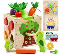 Baby Early Development Activity Games Wooden Cube Toys for 18+ Months Girls Boys Easter Gift, 5 in 1 Toddler Learning Toys - Shape Sorter, Tool Kit, Clothing Puzzles, Carrot Harvest, Catching Worm