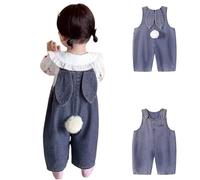 Baby Easter Bunny Jumpsuit with Rabbit Ears Pompom Unisex Toddler Cute Denim Dungarees Baggy Wide Leg Jean Bib Overalls Trendy Vintage Washed Suspender Trousers for Baby Boys Girls 3M-5Y