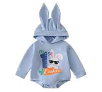 Baby Easter Bunny Romper Long Ear Rabbit Hoodie Bodysuit Long Sleeve Jumpsuit with Pompom Tail Rabbit Jumpsuit Newborn Bunny Rabbit Clothing Outfit One Piece My First Easter Blue