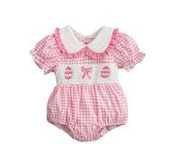 Baby Easter Outfits Newborn Girl Short Sleeve Plaid Bunny Romper Cute Summer Overalls Jumpsuit Newborn Bunny Rabbit Clothing Outfit One Piece My First Easter for Photoshoots Pink
