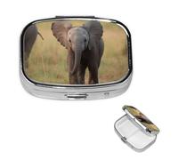 Baby Elephant Pill Box 2 Compartment Square Portable Pill Case for Pocket or Purse Small Weekly Medicine Planner Travel Pillbox with Mirror Decorative Metal Vitamin Holder Gifts