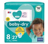 Baby Essentials Bundle for Toddlers - Size 8 Baby Nappies 17kg+ (27 Count) & Sensitive Baby Wipes 52 Pack - Leak-Resistant, Hypoallergenic, Gentle & Fragrance-Free Care