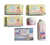 Baby Essentials Care Gift Set with a 3 Pack of Fragrance Free Wipes 72-Pack, Nappy Bags 150-Pack, Zinc & Castor Oil Baby Cream and Talc Free Baby Powder, Makes a great gift for a new baby