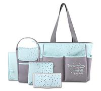 Baby Essentials Diaper Bag Tote 5 Piece Set with Sun, Moon, and Stars, Wipes Pocket, Dirty Diaper Pouch, Changing Pad (Grey/Aqua)