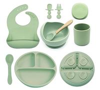 Baby Feeding Set, 8 Pack Baby Led Weaning Supplies, Suction Bowl Divided Plate, Toddler Self Feeding Dish Set with Spoons Forks Sippy Cup Adjustable Bib, Eating Utensils for 6+ Months (Green)
