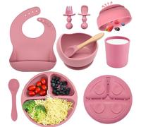 Baby Feeding Set, 8 Pack Baby Led Weaning Supplies, Suction Bowl Divided Plate, Toddler Self Feeding Dish Set with Spoons Forks Sippy Cup Adjustable Bib, Eating Utensils for 6+ Months (Dark Pink)