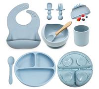 Baby Feeding Set, 8 Pack Baby Led Weaning Supplies, Suction Bowl Divided Plate, Toddler Self Feeding Dish Set with Spoons Forks Sippy Cup Adjustable Bib, Eating Utensils for 6+ Months (Blue)