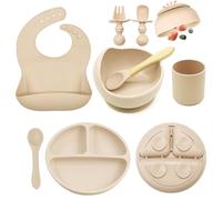 Baby Feeding Set, 8 Pack Baby Led Weaning Supplies, Suction Bowl Divided Plate, Toddler Self Feeding Dish Set with Spoons Forks Sippy Cup Adjustable Bib, Eating Utensils for 6+ Months (Beige)