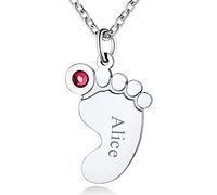 Baby Feet Name Necklace Personalised Birthday Mum Necklace with Simulated Birthstone and Name Date