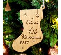 Baby First Christmas Bauble 2025 Personalised Engraved Wood Tree Decorations Babies 1st Custom Xmas Ornaments Gift for Newborn Family Home Grandson Granddaughter with Any Name (Sock)